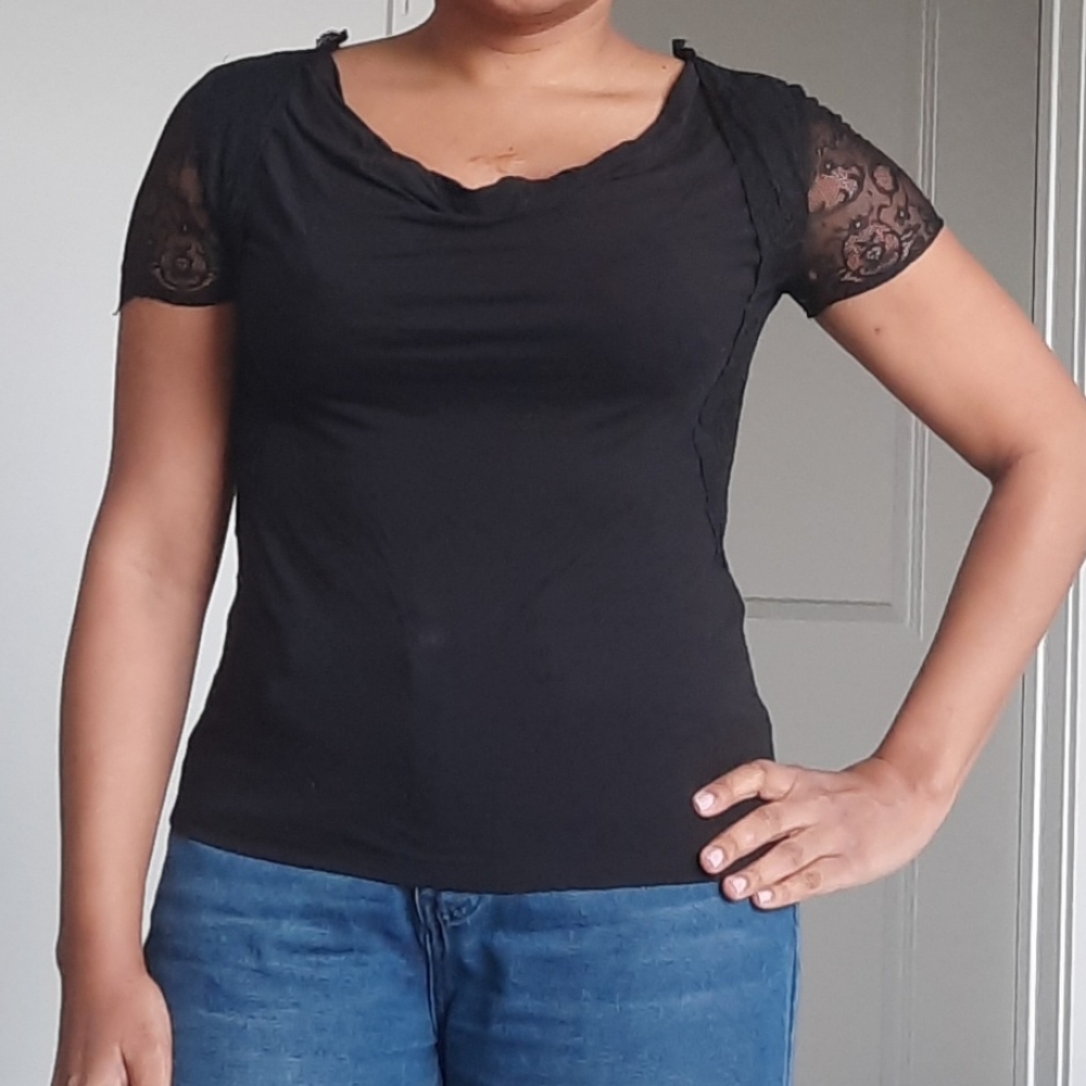New York & Company Cowl Neck Black Lace Sleeve Tee